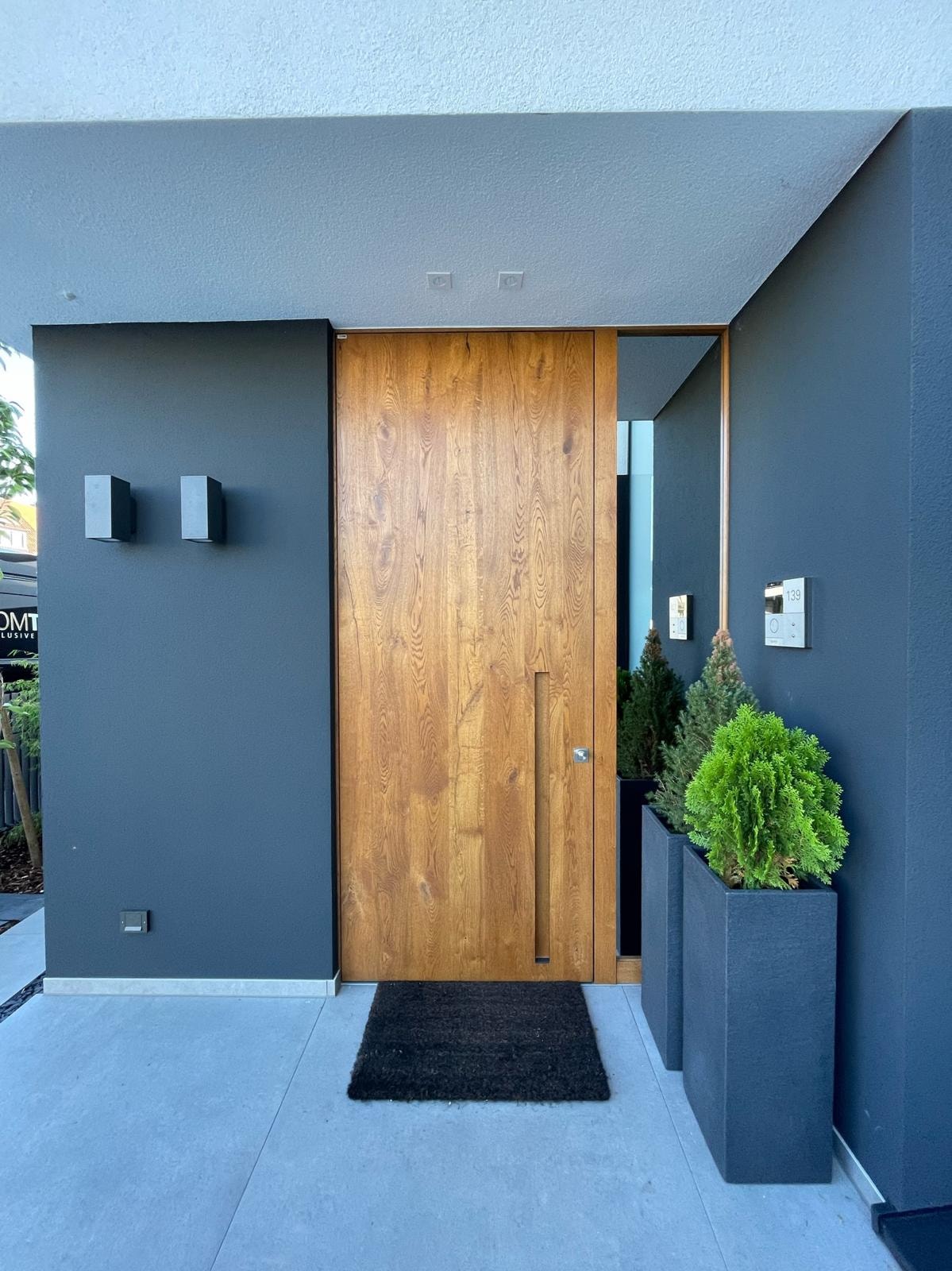Natural wood veneer exterior door with modern facade